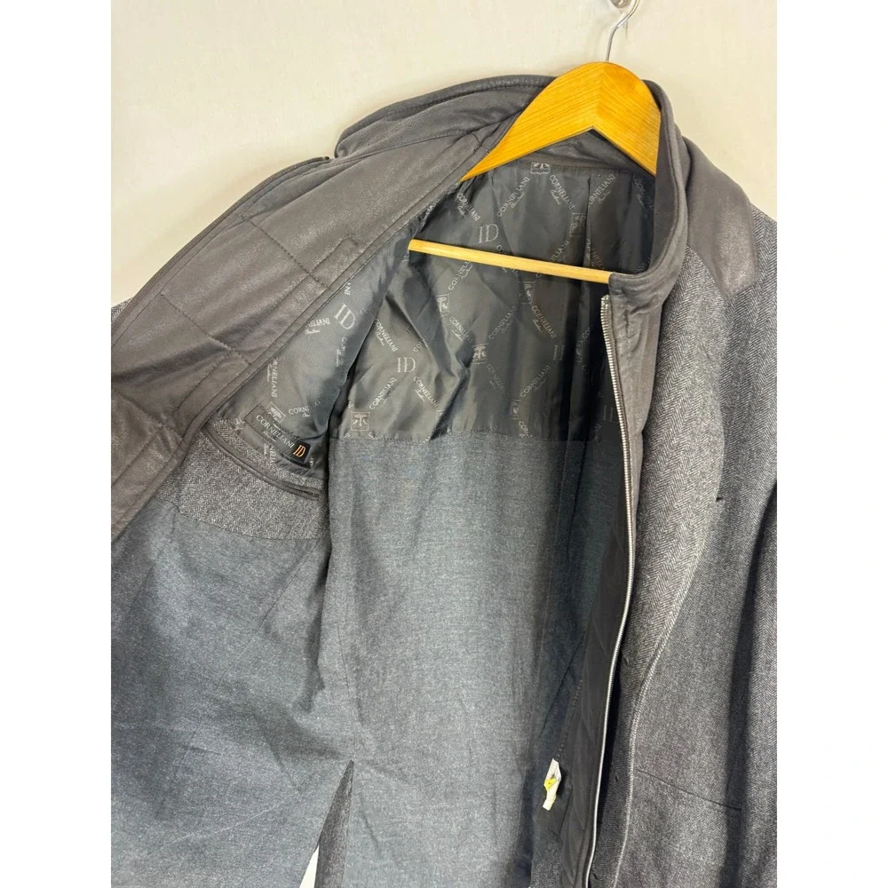 Corneliani ID Grey Wool Cashmere Herringbone Blazer Mock Neck Bib Jacket 54R IT